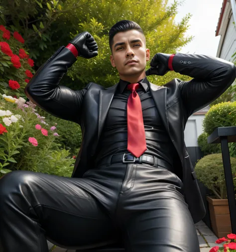 Age 35,  One Man,、 革の black shirt 、 red tie、  black leather slim pants  、  Black Gloves  、garden、　  open legs 。Short hair perm 、  undercut 、Muscular　Puerto Rican 　  black shirt  　  view from below 　  upper body up  　　 革の black shirt 、 red tie、  black leath...