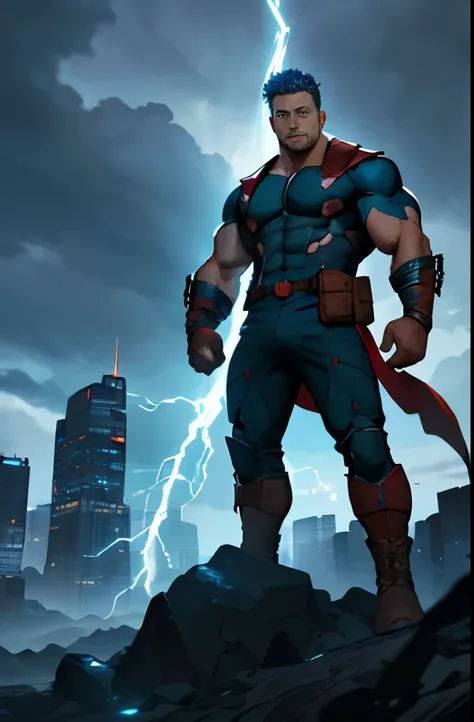  man,  Full Height,  muscular, realistic big bulge,  muscular hips ,  military boots , leather gloves, leather straps on chest and biceps, thor god of thunder costume, ambient lighting ,lightning around hands,( realistic :1.37), overdetailed,bright colors,...