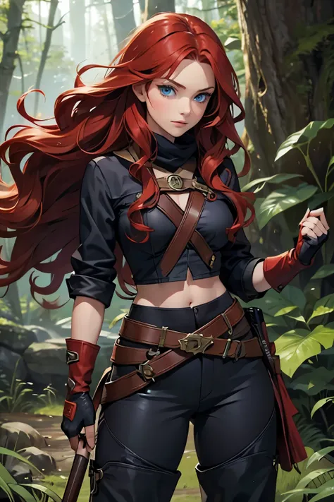 solo, close up, woman,  long hair,  red, wavy hair, blue eyes, bow in hand, forest, ready to hunt , mischievous, fully clothed, boots, thick waist, hips, fingerless gloves,  pants, fantasy,  dark clothes, medium shot,