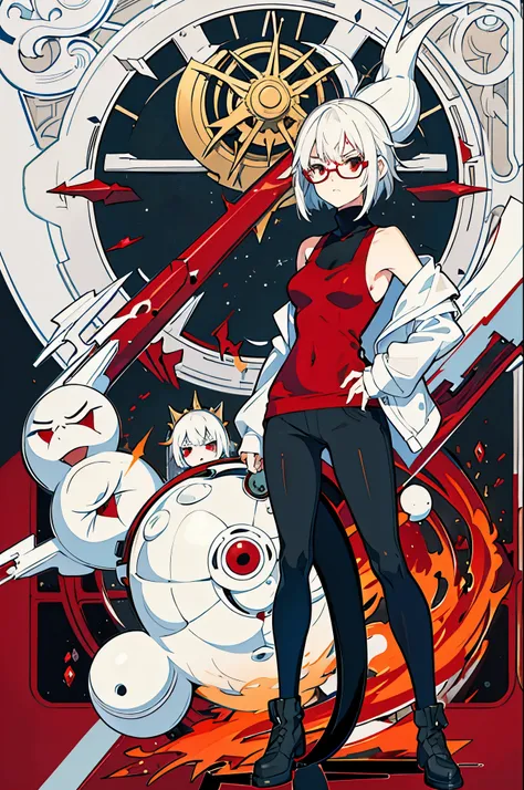 1girl, bob white hair, angry, very very angry, turtleneck tanktop damaged, glasses, metropolitan city, red and white, clock magic, power full, villain, big, evil aura, mind control, scream, full body