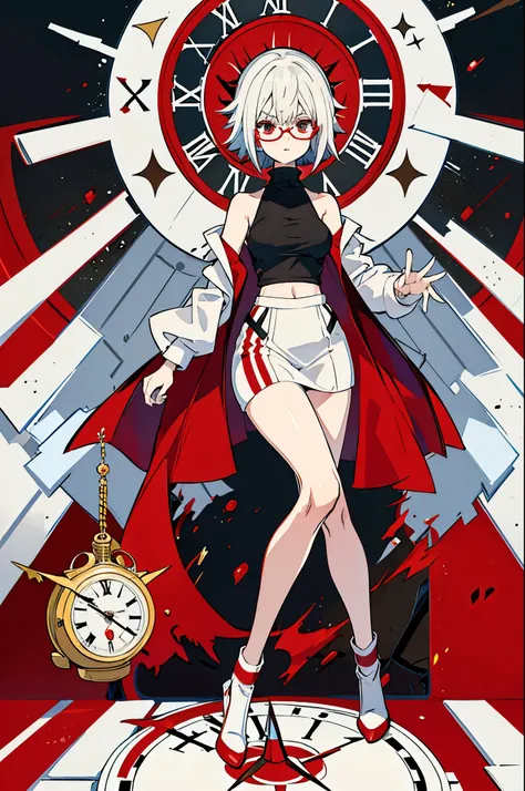 1girl, bob white hair, angry, very very angry, turtleneck tanktop damaged, glasses, metropolitan city, red and white, clock magic, power full, villain, big, evil aura, mind control, scream, full body