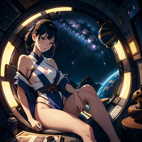 (Small personal space station ;1.2)、( The space station is an oasis in outer space )、、( A young and beautiful Japanese woman relaxing in an oasis:1.2)、  beautiful face、small breasts、 beautiful skin、( you can see space from a window )、Realistic lighting 、me...