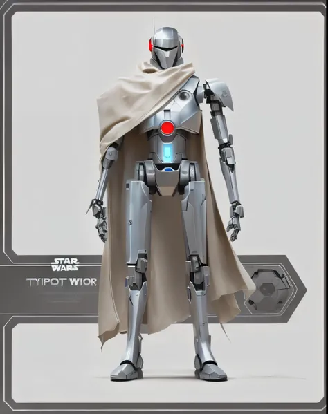 A close-up of a robot with a cape and a red eye., Official concept art, star wars character, expert high detail concept art, Dystopian science fiction character, arte de science fiction character épico, epic science fiction character art, concepto de scien...