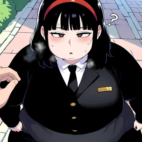 score_9, score_8_up, score_7_up, score_6_up, source_anime, rating_explicit, 1girl, solo, huge breasts, black hair, grey eyes, black eyes, medium hair, red hairband, blunt bangs, black necktie, black jacket, collared shirt, white shirt, pencil skirt, black ...