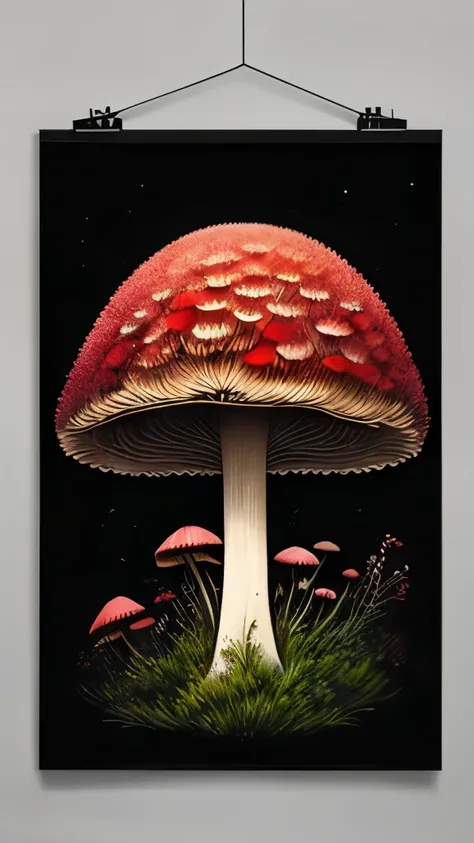 a mushroom with red flowers and leaves on a black background, poster art by Justin Gerard, behance contest winner, psychedelic art, trippy mushroom, magic mushroom, dark mushroom, shrooms, psychedelic mushrooms, magic mushrooms, psychedelic mushrooms dream...