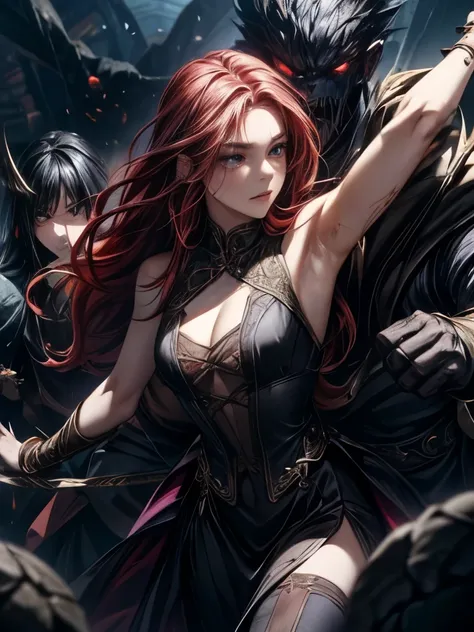  top quality、torture、  slave、restrict、Bondage、Caught by a bunch of monsters 、Surrounded by monsters、、 beautiful woman with very long reddish pink hair（ messy hair standing in the way）、white see-through celtic dress 1:5（white、Small breasts、 deep v-neck、Slee...
