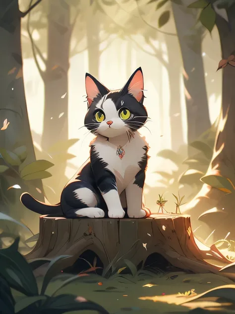 painting of a cat sitting on a tree stump in a forest, cat in the forest, sitting in a colorful forest, in a magical forest, in the magical forest, by Yang J, magical forest, detailed painting 4 k, magical colors and atmosphere, warrior cats fan art, dream...