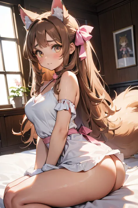 A semi-human wildcat girl, soft long light brown messy hair, furry wildcat ears, large breasts and somewhat wide hips, small waist, pert butt, fluffy wildcat tail, wearing a white spring dress and a choker pink leather, a pink ribbon on the head. in a game...