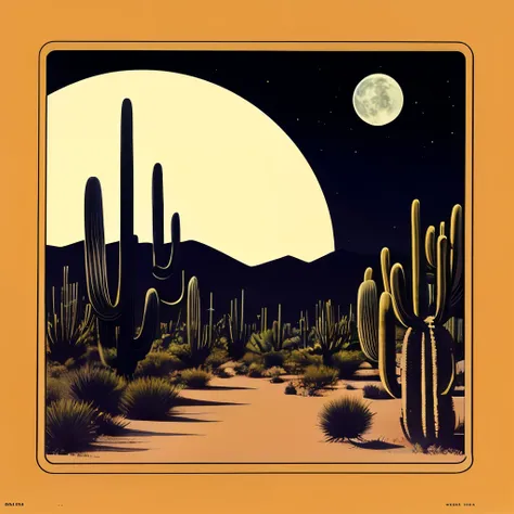 arafed desert scene with cactus and moon in the sky, desertpunk, saguaro, saguaro cacti, arizona desert, cacti, cactus, mexican desert, boards of canada album cover, by Edward Ruscha, beautiful vistas with cacti, vinyl cover from 1988, tucson arizona, dese...