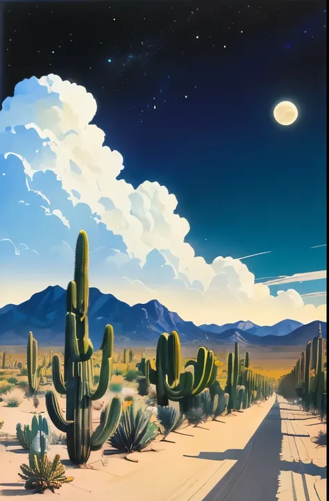 arafed desert scene with cactus and moon in the sky, desertpunk, saguaro, saguaro cacti, arizona desert, cacti, cactus, mexican desert, boards of canada album cover, by Edward Ruscha, beautiful vistas with cacti, vinyl cover from 1988, tucson arizona, dese...