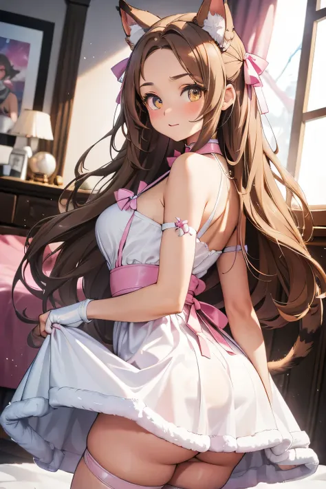 A semi-human wildcat girl, soft long light brown messy hair, furry wildcat ears, large breasts and somewhat wide hips, small waist, pert butt, fluffy wildcat tail, wearing a white spring dress and a choker pink leather, a pink ribbon on the head. in a game...