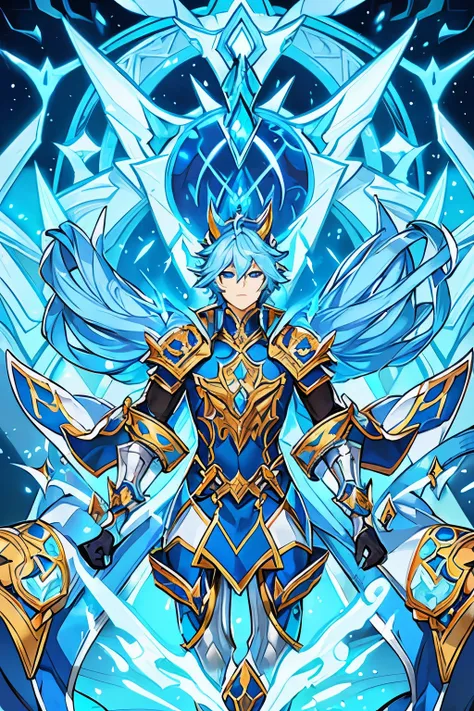 a fantasy portrait of Harith from mobile legends, a humanoid cat with striking blue eyes, blue fur and white markings, wearing ornate blue and gold armor, powerful magical energy flowing around him, intricately detailed, vibrant colors, dramatic lighting, ...