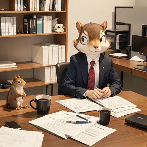  sitting at a desk full of accounting books and documents 、 An attractive anthropomorphic squirrel is an office worker 。 The squirrel has a worried expression 、 with warm colors and soft, cartoonish details 、 professional attire (Suits and ties, or shirts,...