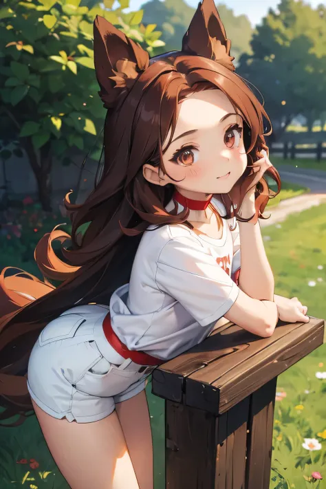 A boy, semi-human Pomeranian dog, long soft reddish brown hair, dark brown eyes, Pomeranian ears, femboy body, wide hips, small waists, perched butt, small cock, fluffy Pomeranian tail, wearing a big t-shirt white color and short shorts, a red choker, on a...