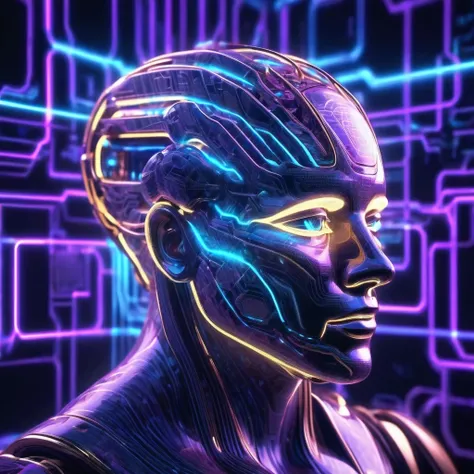 Create a futuristic digital brain made of glowing circuit boards and neural networks, symbolizing artificial intelligence. The brain should be suspended in a glowing blue and purple digital space, with complex lines of code flowing around it. The atmospher...