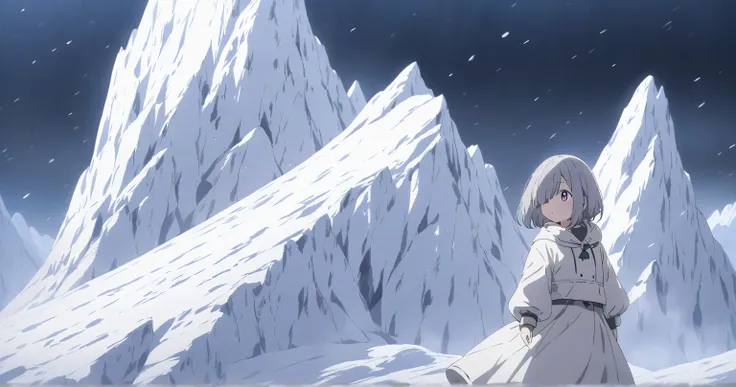 Snowy mountain at night　 girl with gray hair bob　 hide one eye 　 skirt with open pupils 　 tattered white clothes　Composition with lots of scenery　anime