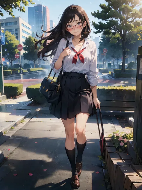 Anime - Illustration of a woman in high school clothes, winter outfit:1.5, anime character, official character art, neat and serious, full body, female anime girl, Posing:1.5, dark long hair, parted bangs, glasses, (Tanned:1.0), Looking at camera, (Embarra...