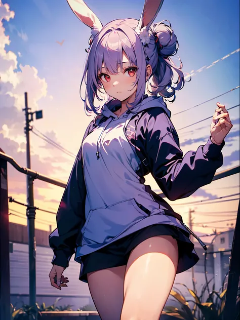  realistic, top quality,  Ultra Details ,  LONG PONYTAILS ,  THE MOST DELICATE AND BEAUTIFUL , Floating softly,  high definition , ( 1 girl ), ( Max Image,4K,8k,masterpiece:1.2), ( light purple hair:1.5),(Rabbit ears:1.5),( bun hair:1.3),( red eyes:1.5),(W...