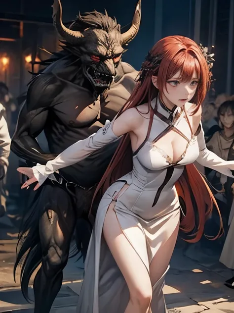  top quality、torture、  slave、restrict、Bondage、Caught by a bunch of monsters 、Surrounded by monsters、、 beautiful woman with very long reddish pink hair（ messy hair standing in the way）、white see-through celtic dress 1:5（white、Small breasts、 deep v-neck、Slee...