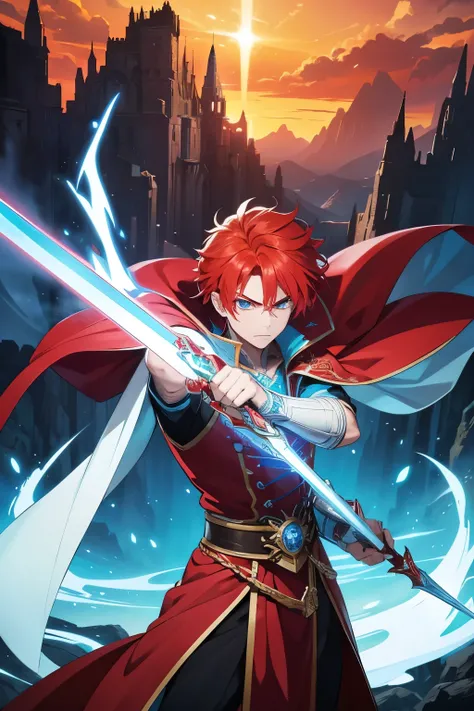 A heroic male swordsman with vivid red hair and piercing light blue eyes. He is wearing a flowing light blue cape over a red outfit, detailed with intricate patterns. His pose is dynamic, holding a shining sword ready for battle. The background is a dramat...