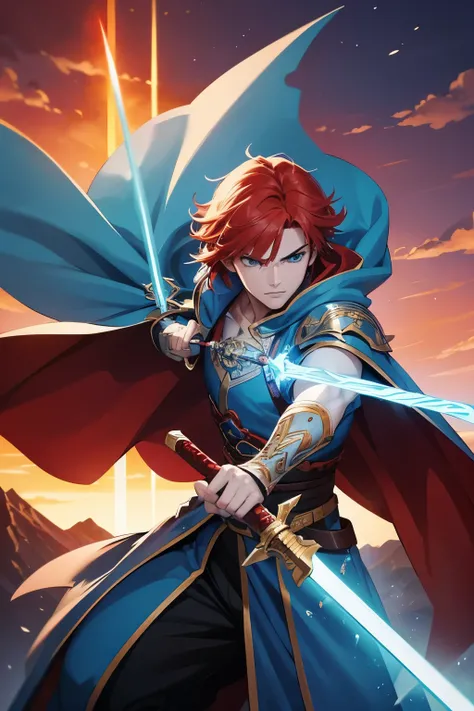 A heroic male swordsman with vivid red hair and piercing light blue eyes. He is wearing a flowing light blue cape over a red outfit, detailed with intricate patterns. His pose is dynamic, holding a shining sword ready for battle. The background is a dramat...