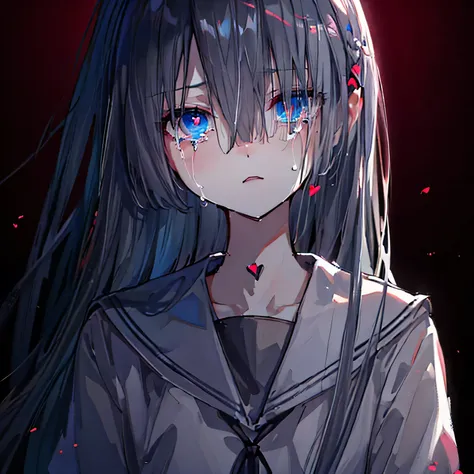  top quality,  high definition ,  high image quality model ,  long hair, Gray Hair,  princess cut,  blue eyes,  crying,  crying expression ,  take a close look, fear, Sad,  yandere, Hearts in eyes, excited,  simple background, Devil horns, 