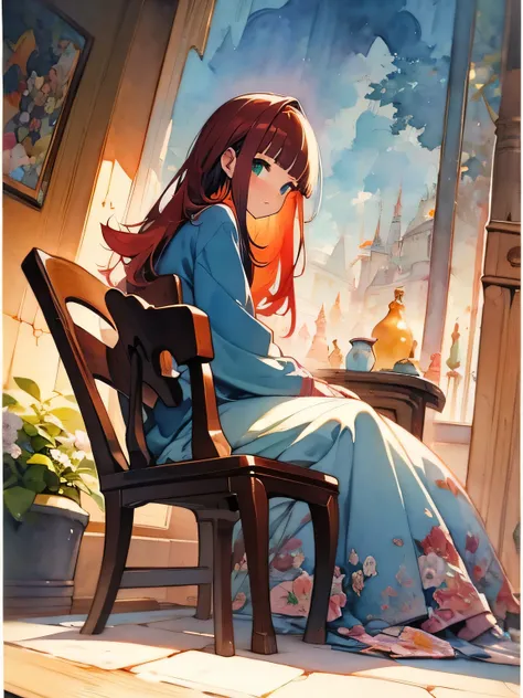 (sideview),(looking at viewer:1.3),Alone, Sitting on a Chair and Drinking Tea、, Red Hairy Hair 、(blunt bangs), Light Green s Clothes 、Aristocrats Garden、Flowers、Terrace table、 White Terrace Chair 、The Marquiss Daughter 、Elegant Afternoon 、squirrel、Walnuts、...