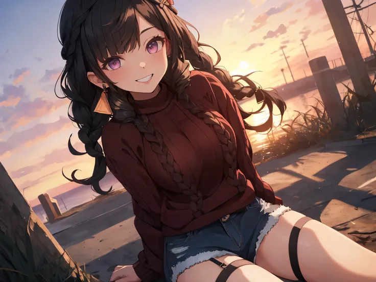 Solo, Girl, (Exposed Female Genitalia), (Human Ear, Short Height), (Earrings), (Black Hair, Long Hair, Curly, Hair Curled Vertically in Front, Braids), (Hair Tie, Hair Tie at the Back of Head with Big Red Ribbon), (Girl Sitting on Ground Clutching Legs), (...