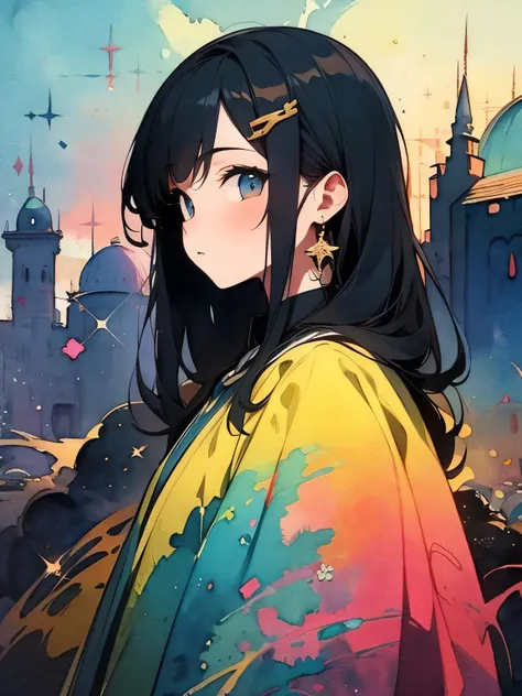 (sideview),(looking at viewer:1.3),Alone,Pakistani beautiful girl in suit shalwar in village 、 like a painting、like a painting, watercolor painting style, The Art of Mathematics, Official Art, Masterpiece, beautiful, ((watercolor)), paint splashes , comple...