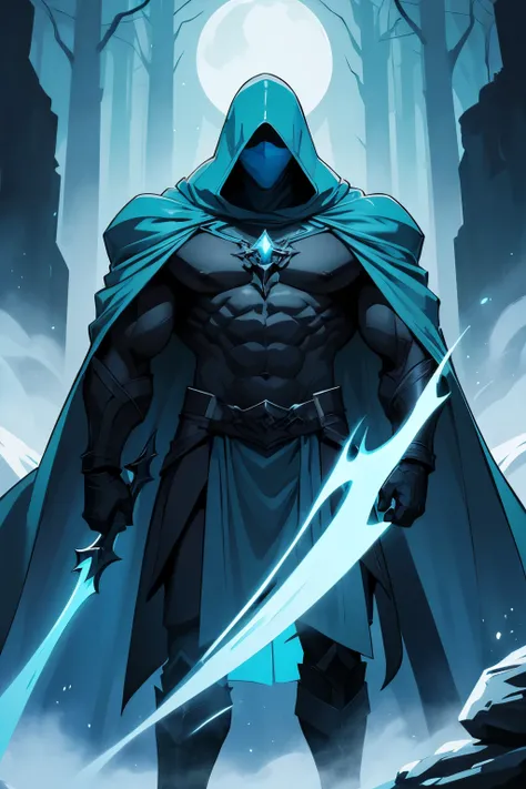 A mysterious figure with a muscular build, wearing a light blue hood that conceals most of their face. They are draped in a matching light blue cape that flows dramatically, giving them a commanding and enigmatic presence. The characters physique is powerf...