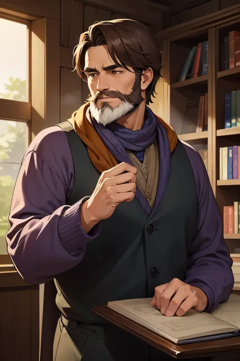 A middle-aged man with brown hair and a neatly groomed brown beard, exuding a sense of wisdom and quiet confidence. He is wearing a stylish purple outfit that gives him an air of sophistication, complemented by a vibrant blue scarf wrapped around his neck....