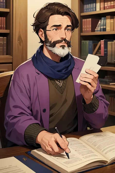 A middle-aged man with brown hair and a neatly groomed brown beard, exuding a sense of wisdom and quiet confidence. He is wearing a stylish purple outfit that gives him an air of sophistication, complemented by a vibrant blue scarf wrapped around his neck....