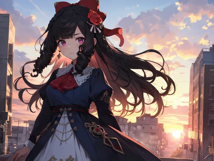 Solo, Girl, (Human ear, Short stature), (Ruby earring, Monocle), (Black hair, Long hair, Curly, Curled vertically in front of bangs), (Flower hair ornament, Big red ribbon hair clip at the back of head), (Sweating), (Cool facial expression, Heavy makeup), ...