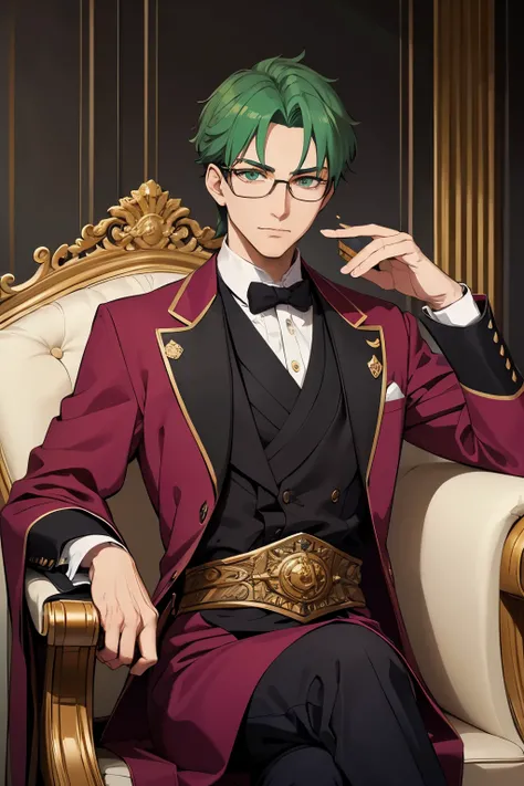 A middle-aged nobleman with striking green hair and sharp green eyes, exuding a sense of wisdom and authority. He wears distinctive red glasses, adding an intellectual and refined touch to his appearance. His expression is slightly skeptical with half-lidd...