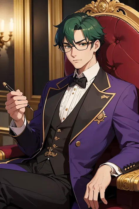 A middle-aged nobleman with striking green hair and sharp green eyes, exuding a sense of wisdom and authority. He wears distinctive red glasses, adding an intellectual and refined touch to his appearance. His expression is slightly skeptical with half-lidd...