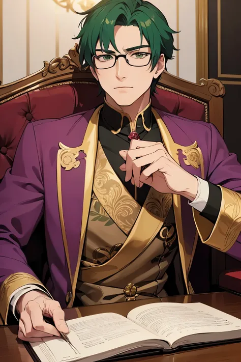 A middle-aged nobleman with striking green hair and sharp green eyes, exuding a sense of wisdom and authority. He wears distinctive red glasses, adding an intellectual and refined touch to his appearance. His expression is slightly skeptical with half-lidd...