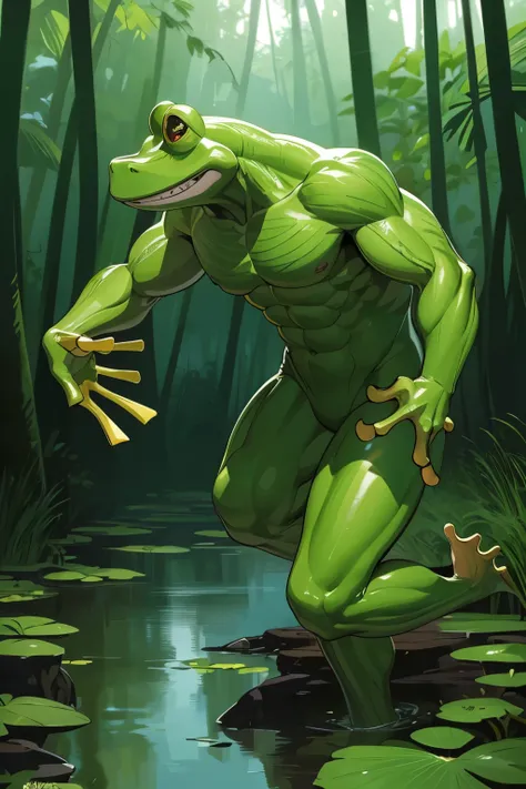 A humanoid frog-like character with a unique and striking appearance. He has green, amphibious skin, large round eyes with vertical pupils, and a wide, playful grin. His body is muscular yet agile, with webbed hands and feet, perfect for swimming and jumpi...