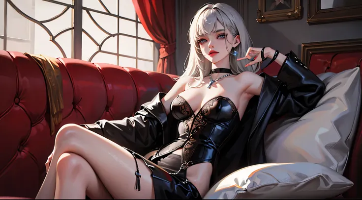 from below,  beautiful woman,  cool and sadistic , A lustful and lascivious face,  cold gaze pointing down , compensate, Beautiful messy hair, Large percentage,  Wearing a Suit,  choker, sitting proudly on the couch, ( super detailed, Exquisite Resolution ...