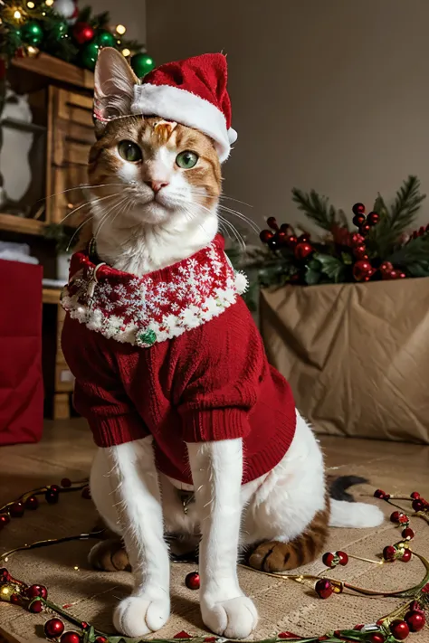 A cute cat wearing a custom-made Christmas outfit, featuring a festive red and green sweater adorned with snowflake patterns and a small Santa hat with a fluffy white pom-pom. The cat sits gracefully next to a decorated Christmas tree with twinkling lights...