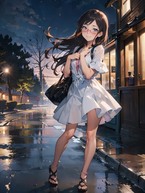 Anime - Illustration of a woman in one-piece dress, winter outfit:1.5, anime character, official character art, neat and serious, full body, female anime girl, Posing:1.5, dark long hair, parted bangs, glasses, (Tanned:1.0), Looking at camera, (Embarrassed...