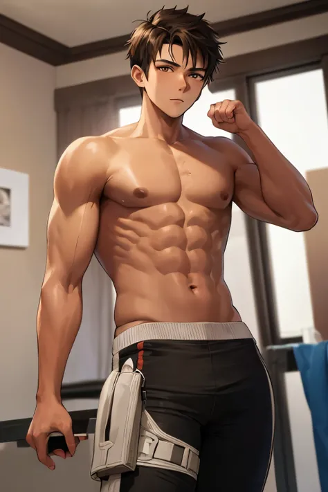 (( best quality )), (( masterpiece )), (Detailed), young man with brown skin ,  with an athletic body, posing as a model ,  marked facial features ,  short and scrambled hair , brown eyes and long tight pants 