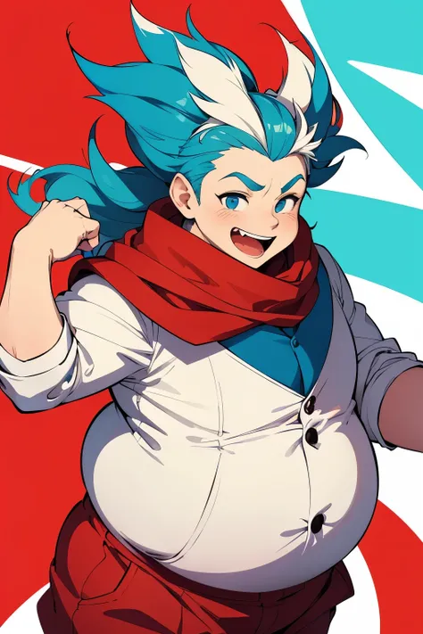 A jolly and plump man with striking light blue spiky hair, styled in a wild, pointed manner that gives him a quirky and energetic look. His beard is also light blue, matching his hair, and adds to his eccentric appearance. He wears a vibrant red and white ...