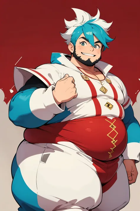 A jolly and plump man with striking light blue spiky hair, styled in a wild, pointed manner that gives him a quirky and energetic look. His beard is also light blue, matching his hair, and adds to his eccentric appearance. He wears a vibrant red and white ...