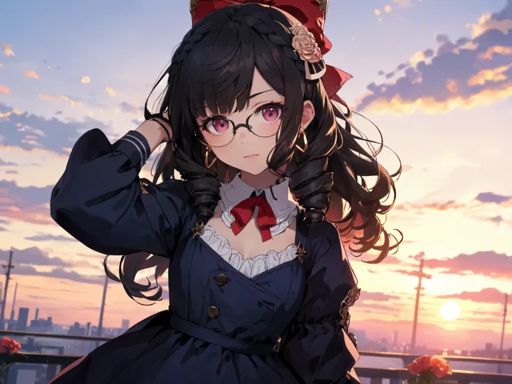 Solo, girl, (human ears, short stature), (ruby earrings, glasses), (black hair, long hair, curly hair, vertical curls in front of bangs), (leaning pose), (flower hair accessory, large red ribbon hair clip at the back of head), (clean facial expression, hea...