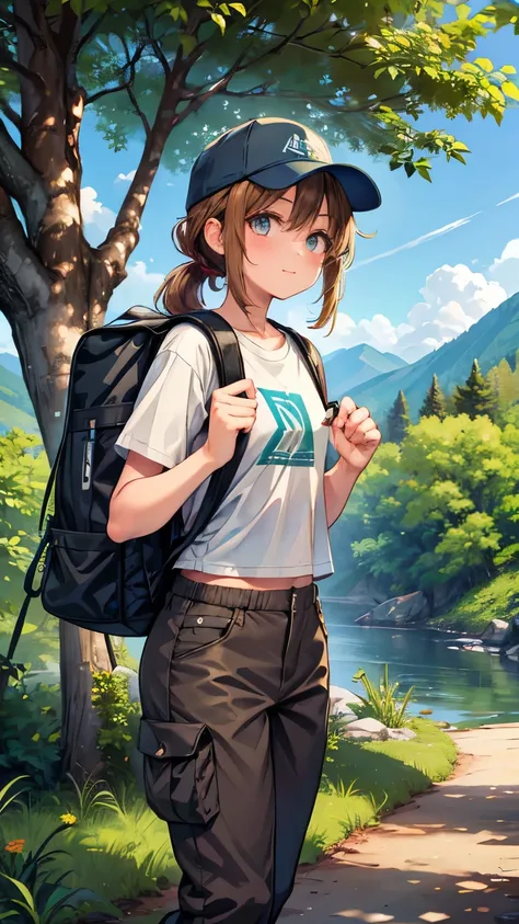 A 16-year-old girl hiker named Hana Matsui, standing confidently on a forest trail during sunrise. She has shoulder-length chestnut brown hair tied into a loose half-up ponytail, with golden highlights catching the soft sunlight. Her bright hazel eyes glim...