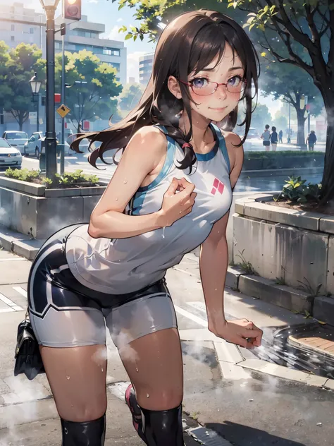 Anime - Illustration of a woman in sleeveless white T-shirt, sports shorts:1.5, anime character, official character art, neat and serious, full body, female anime girl, Posing:1.5, dark long hair, parted bangs, glasses, (Tanned:1.0), Looking at camera, (Em...