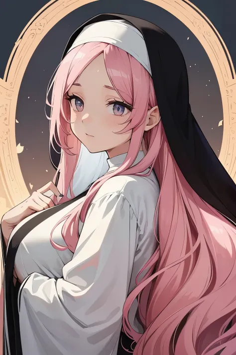 A beautiful and captivating nun with long, flowing pink hair that cascades down her back in soft waves. Her hair shines with a gentle, pastel hue, and it is neatly styled to frame her delicate face. She has bright, warm eyes that exude kindness and wisdom,...