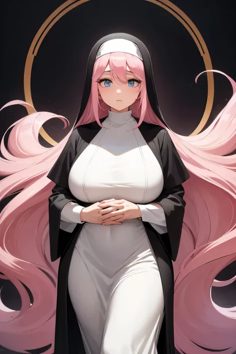 A beautiful and captivating nun with long, flowing pink hair that cascades down her back in soft waves. Her hair shines with a gentle, pastel hue, and it is neatly styled to frame her delicate face. She has bright, warm eyes that exude kindness and wisdom,...