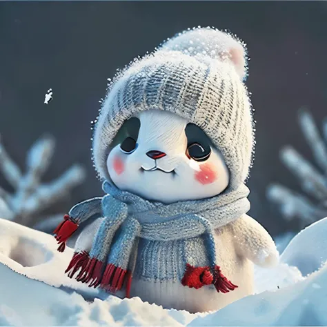 A playful snow-covered landscape with a panda transformed into a snowman. The panda’s body is made of large snowballs, with its iconic black ears, eyes, and arms sticking out of the snow. The panda-snowman is wearing a red scarf and a small black top hat, ...