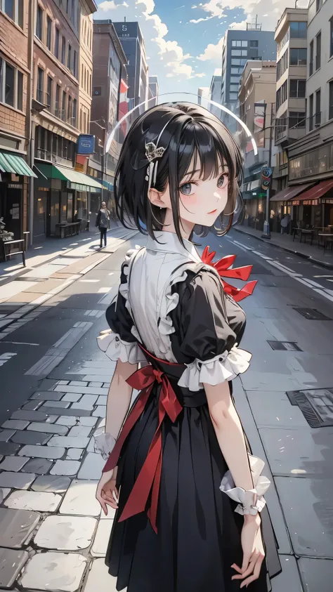  one girl,前hair,black_hair,green_null, bridge , Building ,city,city,cityscape,cloud,day, dress, watching _in_audience, outdoors,red_neckwear,red_ribbon,ribbon,river,short_hair,short_sleeve ,null,nullscraper,one person in, standing,town,winner,(  masterpiec...